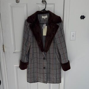 *NEW* Free People Grey and Brown Plaid Pea Coat, Size M